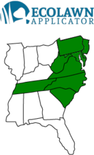 Map of Ecolawn Applicators covering Pennsylvania, New Jersey, Maryland, West Virginia, Virginia, North Carolina, South Carolina, Tennessee