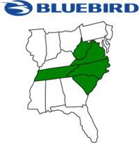 Map of Bluebird covering West Virginia, Virginia, North Carolina, South Carolina, Tennessee