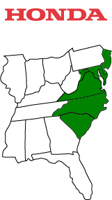 Map of Honda Engines covering New Jersey, Maryland, Virginia, North Carolina, South Carolina