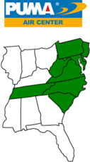 Map of Puma Air Compressors covering Pennsylvania, New Jersey, Maryland, West Virginia, Virginia, North Carolina, South Carolina, Tennessee